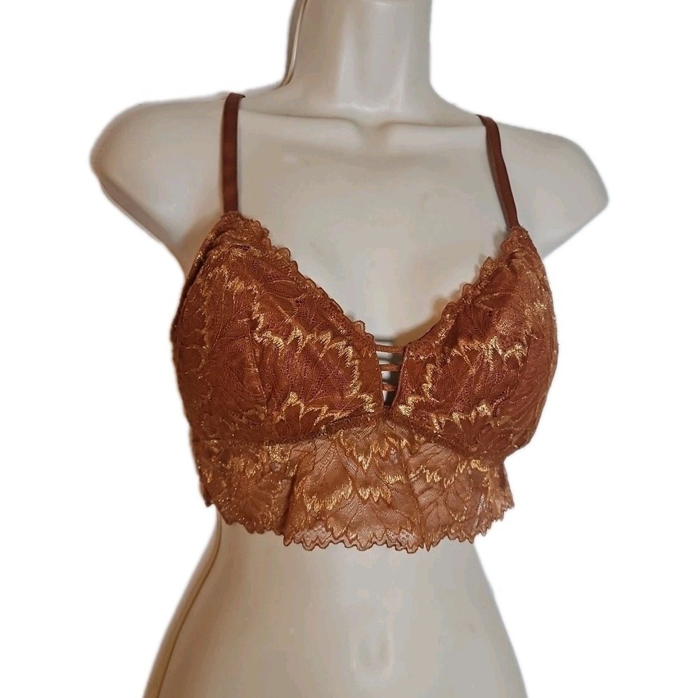 Auden Size M Whimsy Y2K Longline Lace Bralette Burnt Orange Metallic Gold Floral - Picture 2 of 9